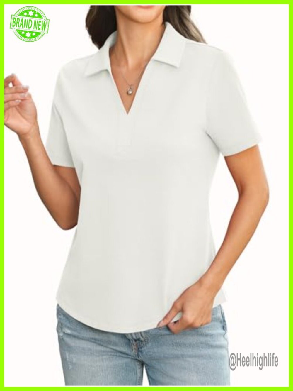 Womens Cotton Blend Short Sleeve V-Neck Polo Shirt Collared Loose Fit Top